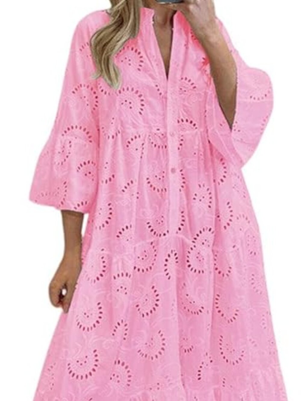 Women's 2026 Lace Eyelet Embroidery Maxi Dress V-Neck Trumpet Sleeve Boho Flowy